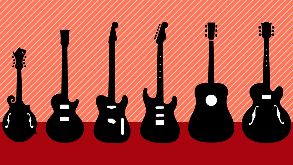 Diagram of different size acoustic and electric fretted instruments  